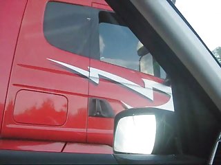 Artie gets a thumbs up flashing her pussy at trucker